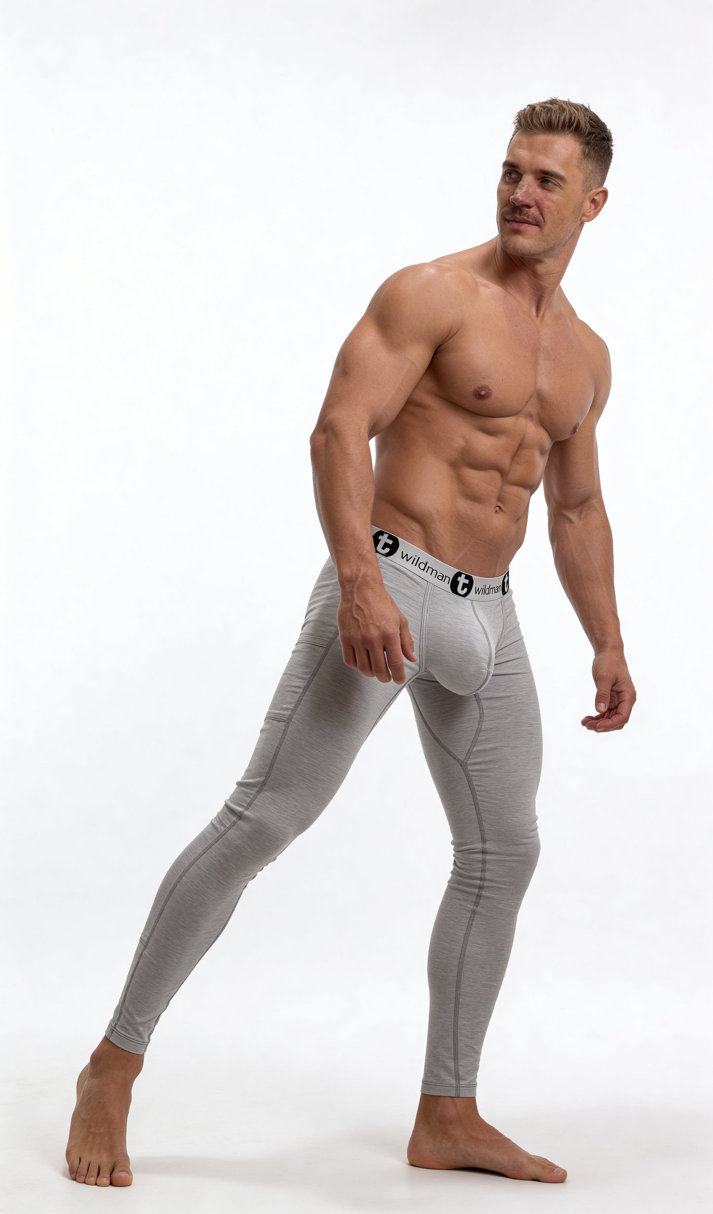 Gray form-fitting cotton wildmant long johns underwear with black boldr logo waistband and big boy pouch design