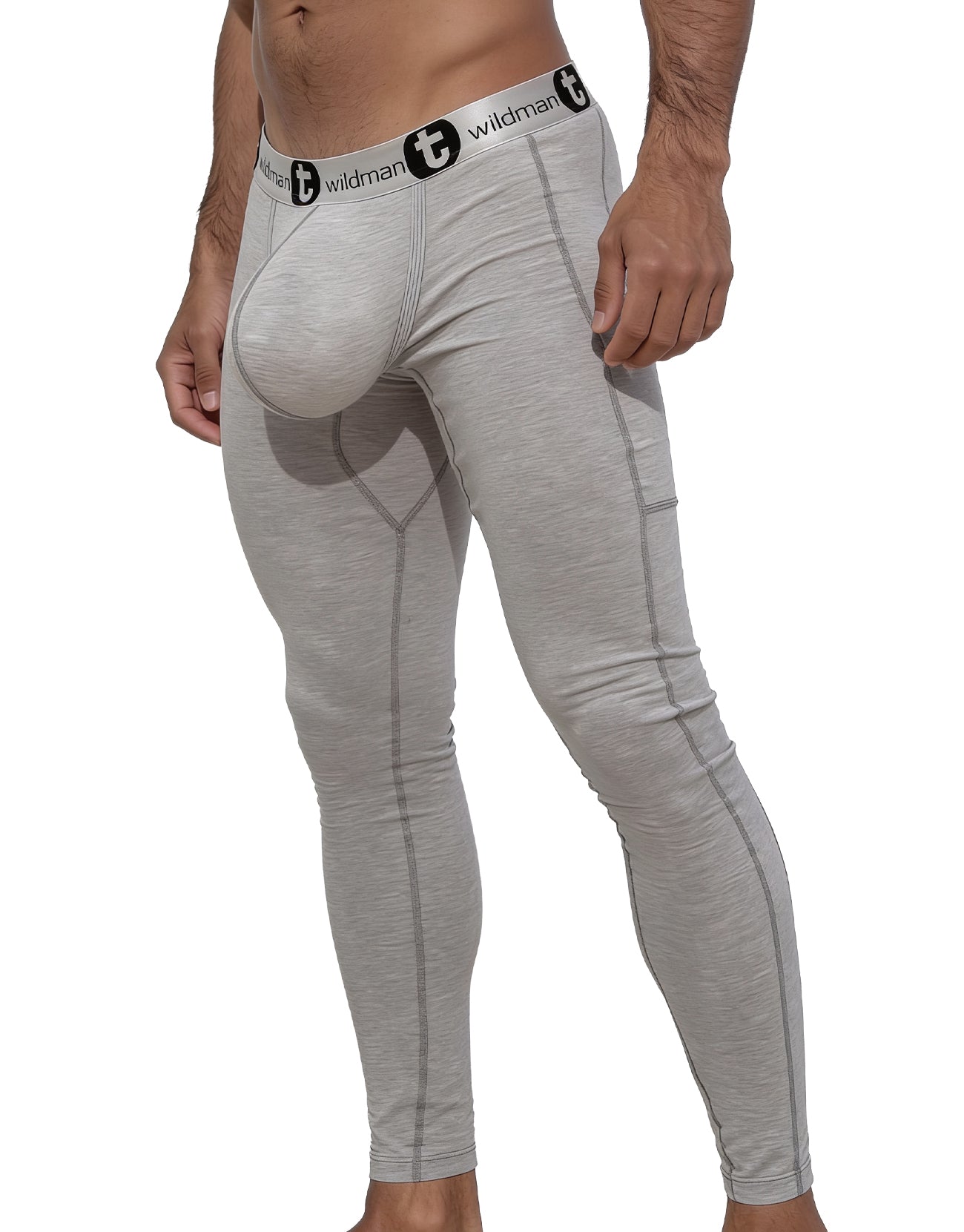 Gray form-fitting cotton wildmant long johns underwear with black wildman logo on waistband and monster cock pouch