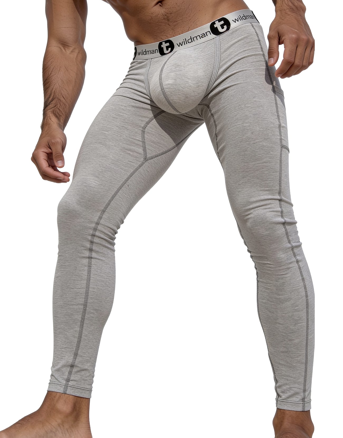 Gray form-fitting wildman cotton compression tights with a white waistband and monster cock pouch long johns design