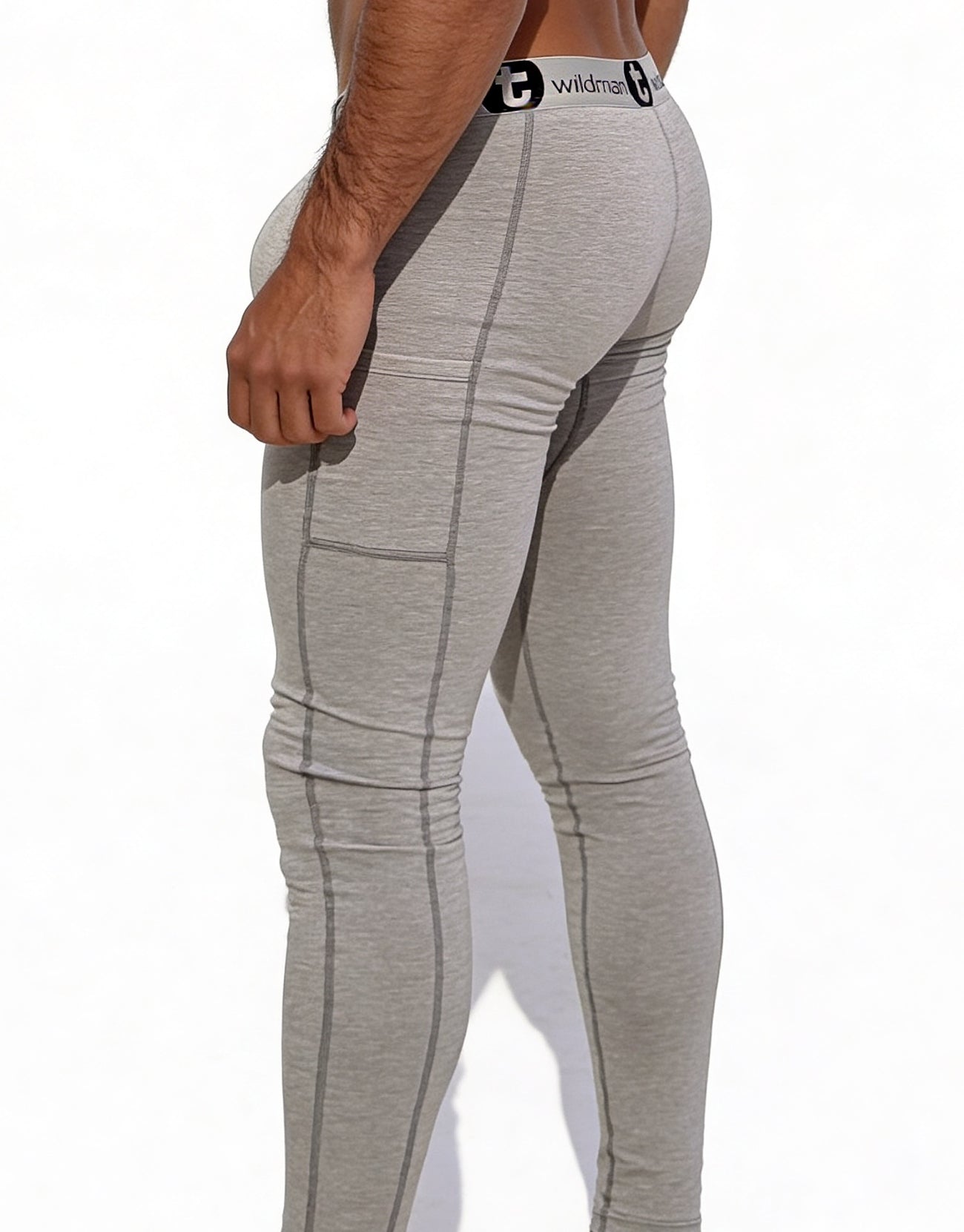 Wildmant cotton monster cock pouch long johns in gray heathered fabric with dark gray panel stitching and branded waistband