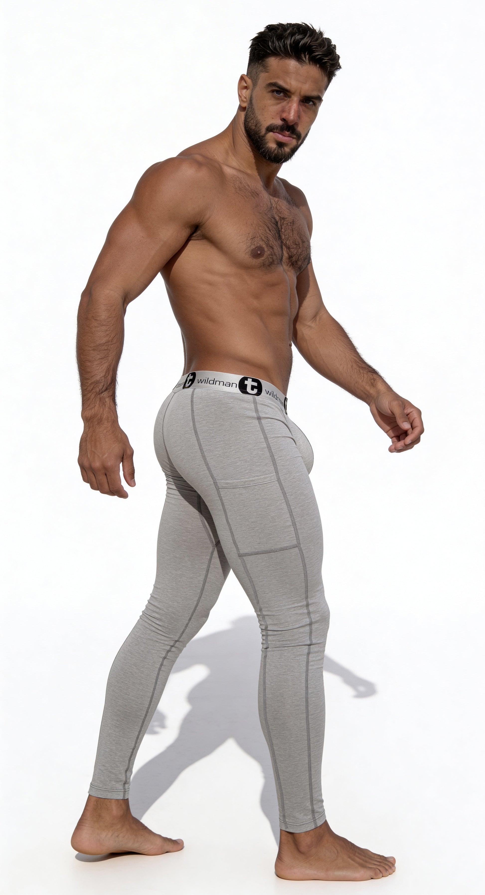 Wildmant cotton monster cock pouch long johns in gray form-fitting leggings with subtle grid pattern and branded waistband