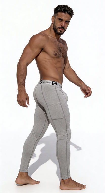 Wildmant cotton monster cock pouch long johns in gray form-fitting leggings with subtle grid pattern and branded waistband