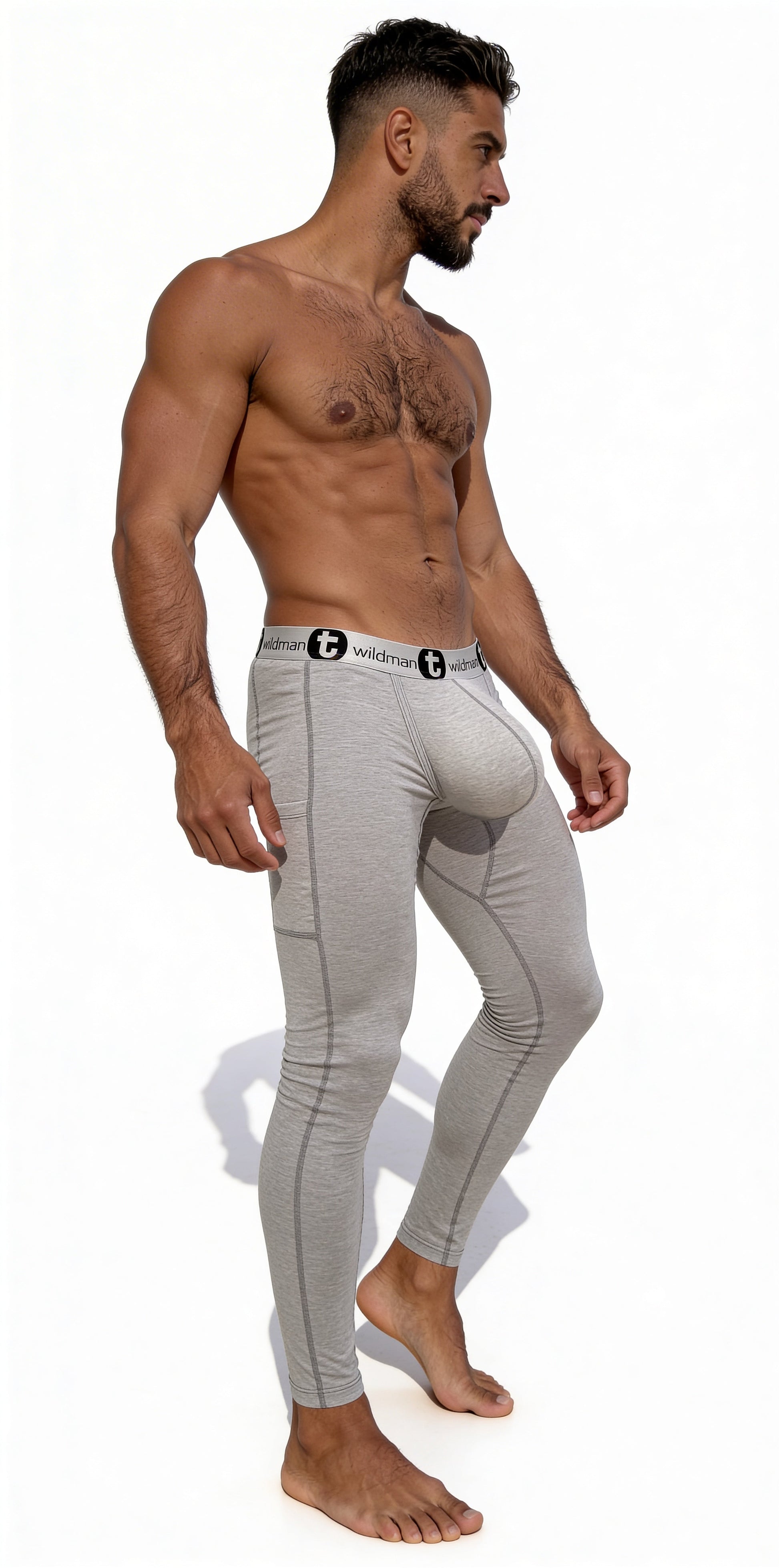 Gray form-fitting cotton long johns with subtle side seam detailing and branded waistband by wildmant