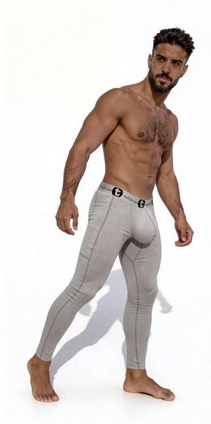 Gray cotton WildmanT long johns with form-fitting leggings and black and white branded waistband pouch underwear