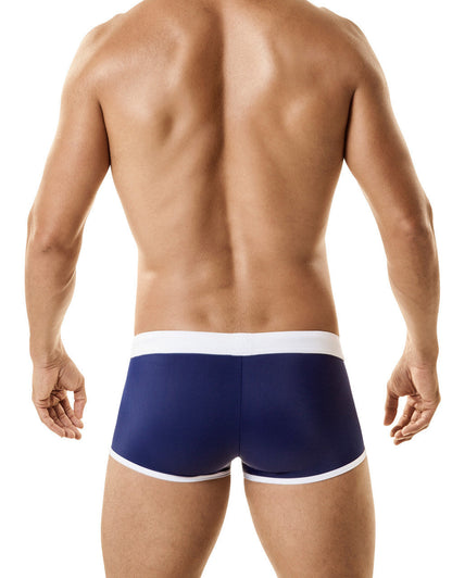 Navy blue wildmant jersey swim briefs with white trim and integrated cock ring designed for swimming and comfort