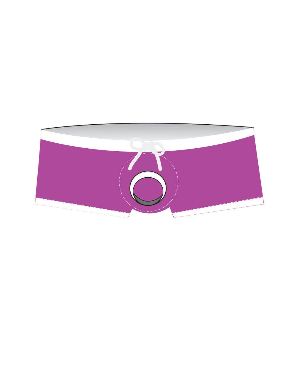 Purple wildmant jersey swim trunks with white trim and central circular ring detail for beachwear
