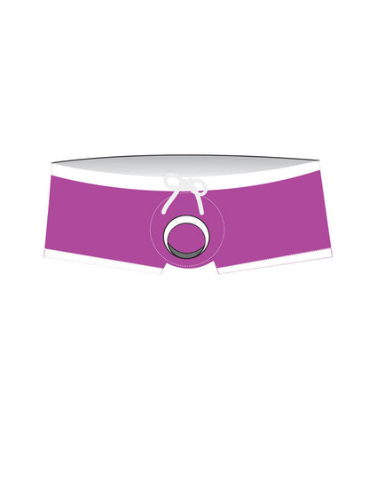 Purple wildmant jersey swim trunks with white trim and central circular ring detail for beachwear