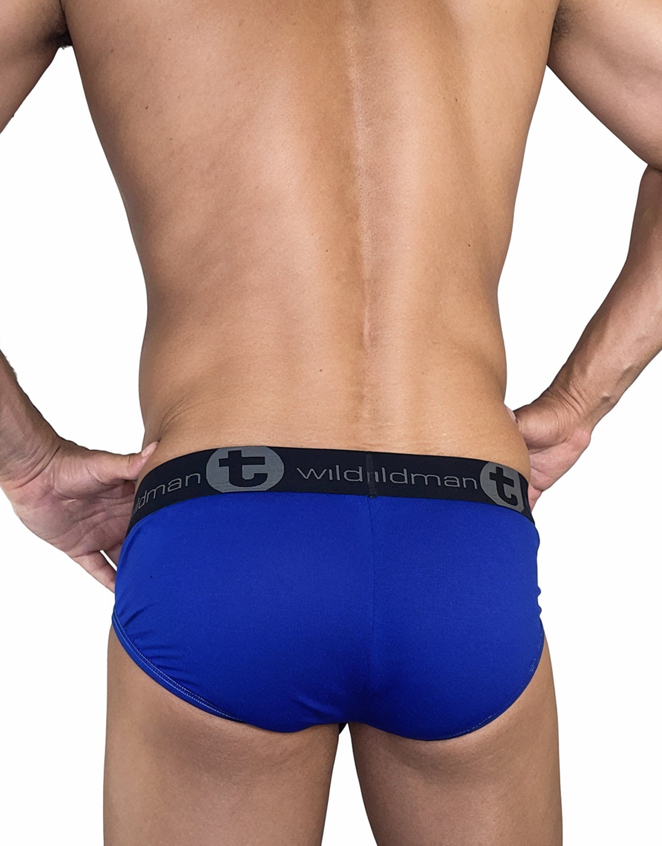 Wildman modal big boy pouch briefs in royal blue with black elastic waistband featuring wildman logo and stylized t emblem