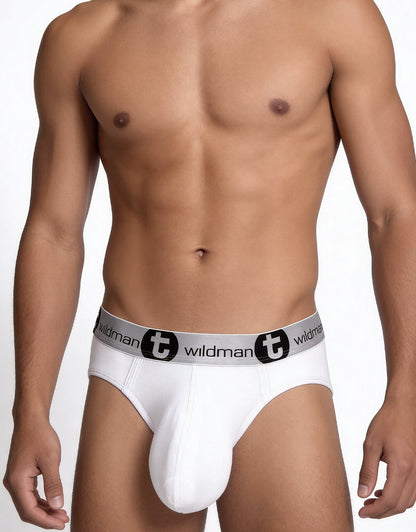 White wildman mens modal monster cock briefs with gray waistband and black wildman branding and logo