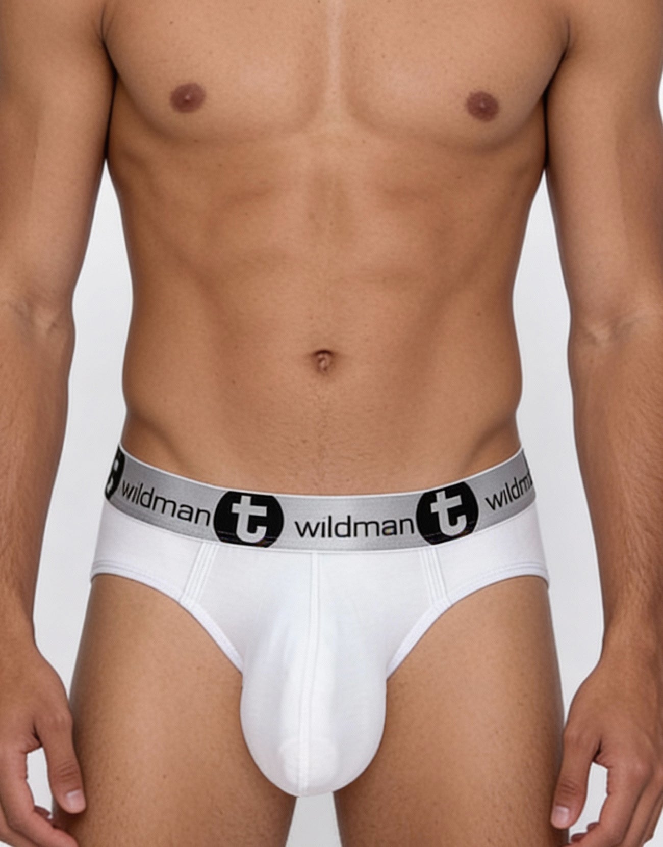 White men’s modal briefs with gray elastic waistband featuring wildmant logo in black for everyday comfort