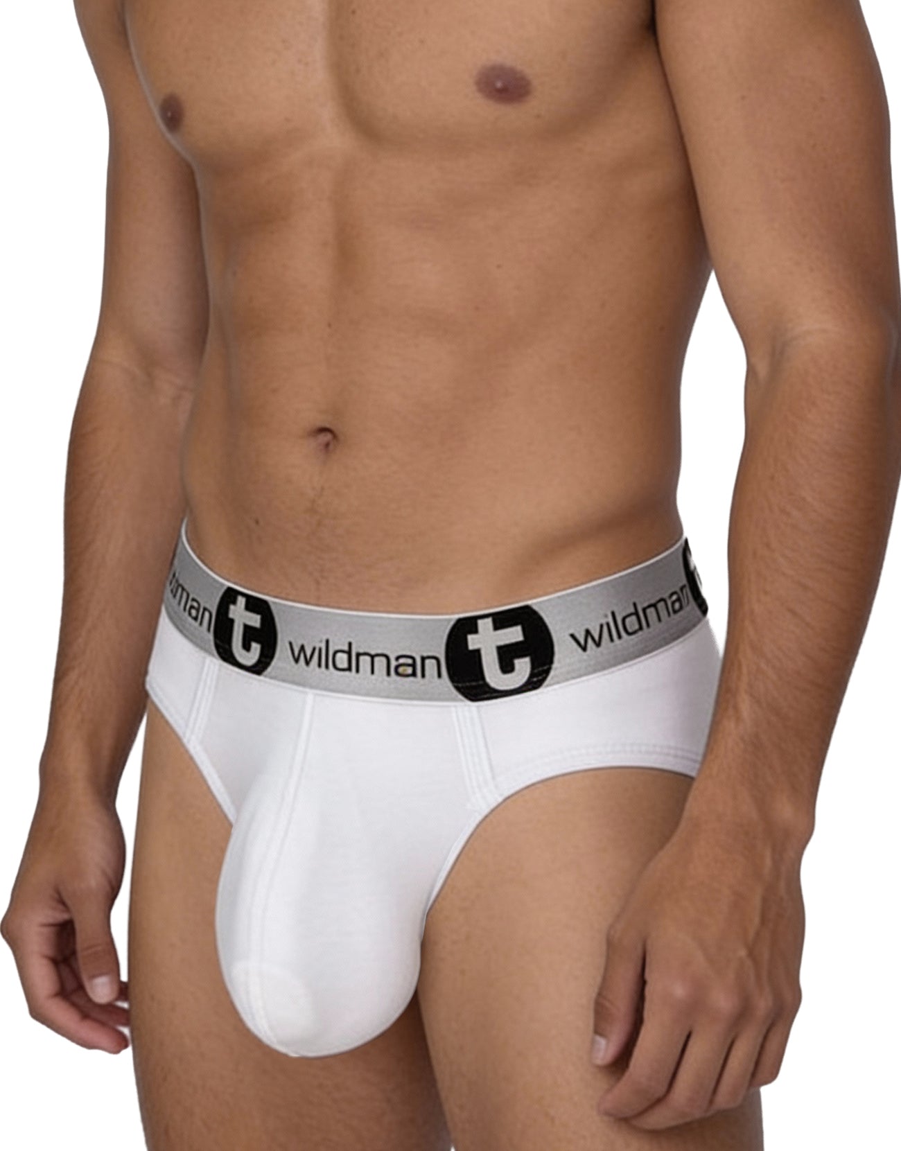 White men’s modal briefs in white with a gray waistband featuring the wildman logo in black