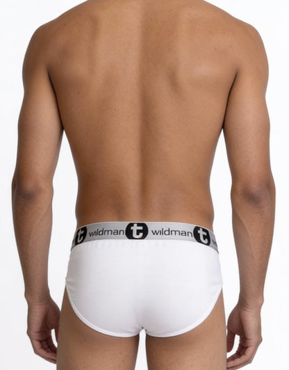 WildmanT modal monster cock brief white with white cotton fabric and black white elastic waistband featuring Wildman logo