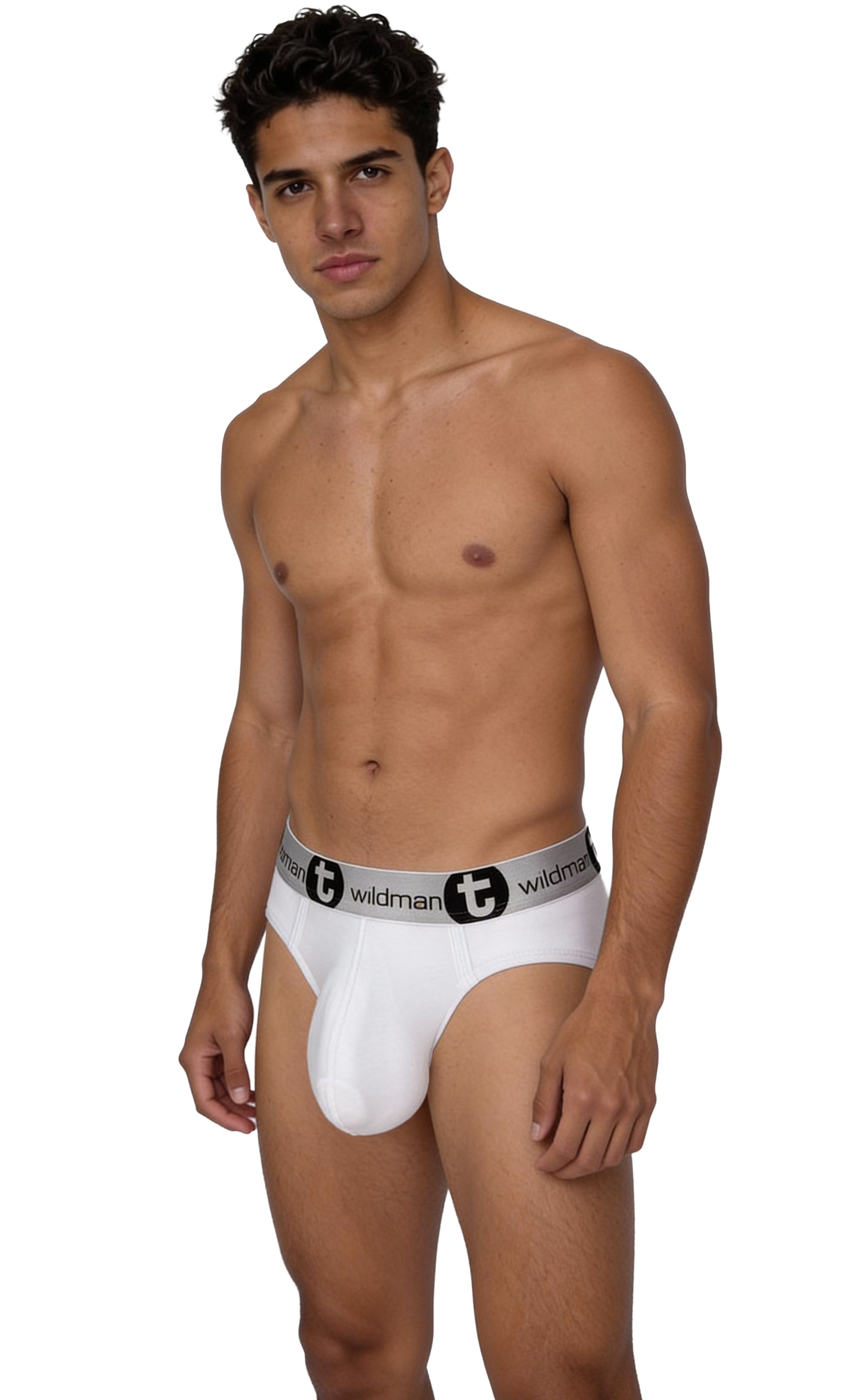 White wildmanT modal monster cock brief with gray elastic waistband and black circular emblem front view