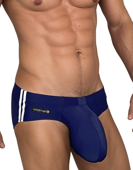WildmanT monster cock swim brief navy blue men’s swim trunks with white side stripes and wildman logo on waistband