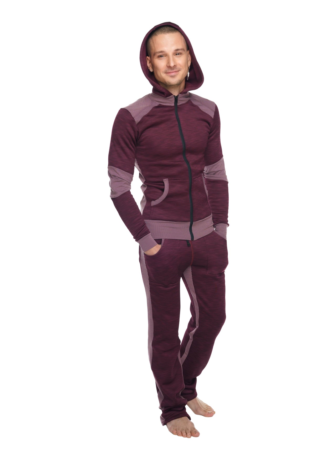 Maroon and gray two-piece heavy-weight fleece hoodie sweatset with contrasting panels from winter collection plum purple