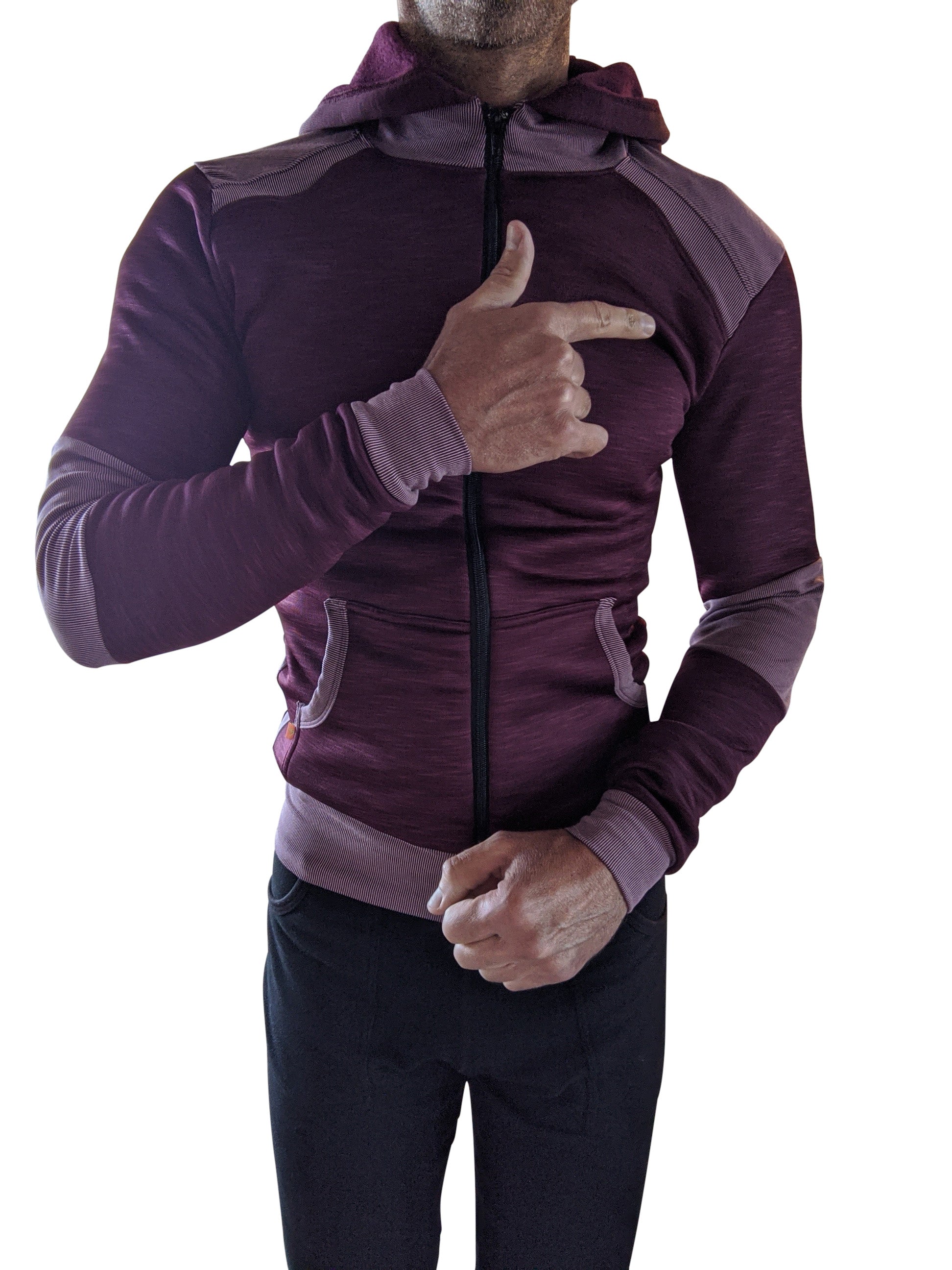 A maroon and gray zip-up performance-luxe fleece yoga hoodie with textured panels and ribbed cuffs from winter collection