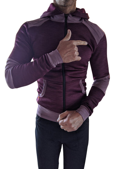 A maroon and gray zip-up performance-luxe fleece yoga hoodie with textured panels and ribbed cuffs from winter collection