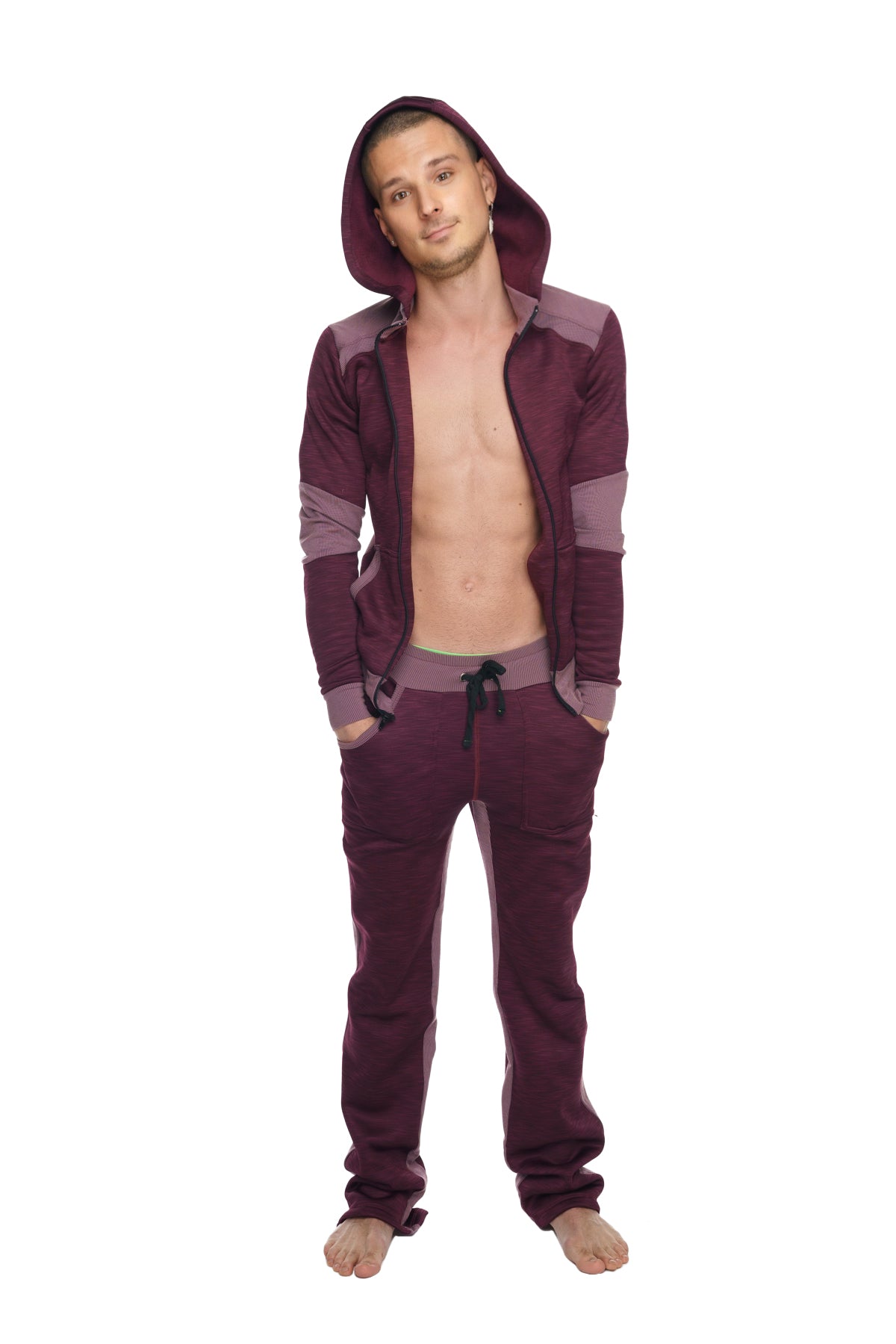 A maroon and purple two tone hooded sweatshirt with contrasting panels made of heavy weight performance fleece for yoga