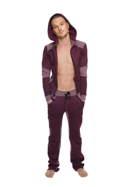 A maroon and purple two tone hooded sweatshirt with contrasting panels made of heavy weight performance fleece for yoga