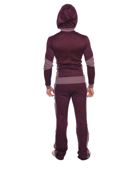 Maroon and gray heavy-weight fleece two-piece tracksuit with hooded top and contrasting panels from winter collection