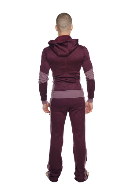 Maroon and gray two-piece heavy-weight fleece form-fit yoga tracksuit with hooded top and matching pants from winter collection