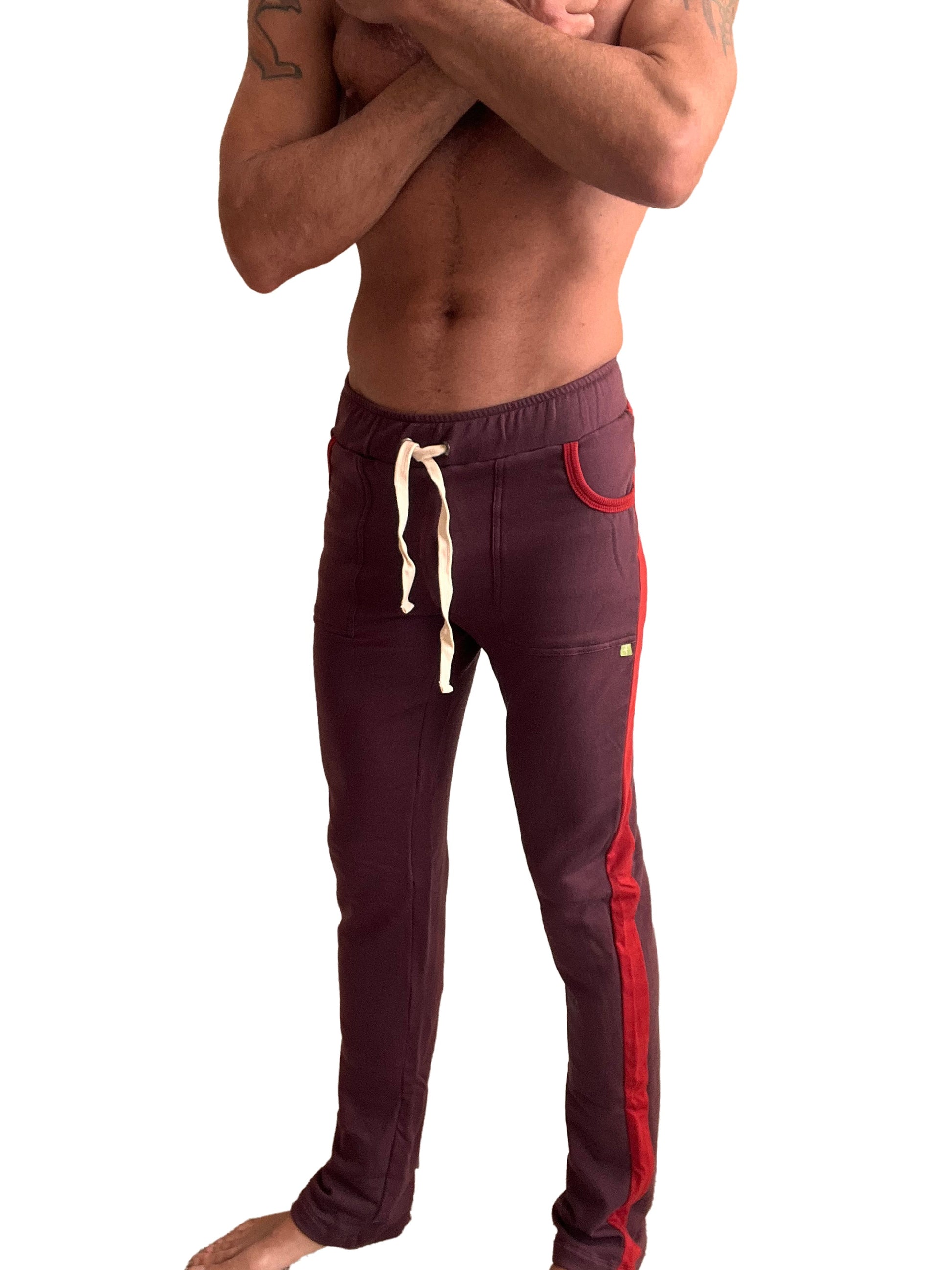 Winter collection mid-weight luxury-fleece burgundy track pants with red side stripes and cream drawstring detail