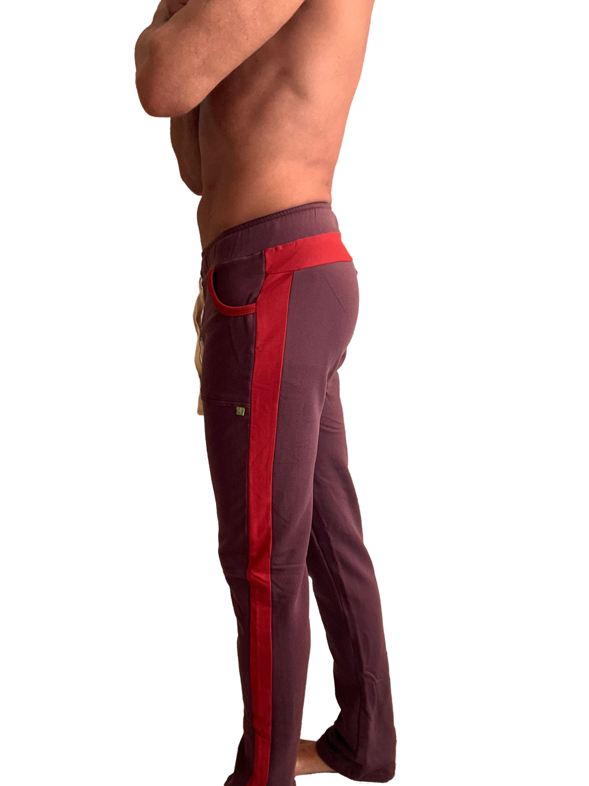Winter collection mid-weight luxury-fleece track and lounge sweat pant in burgundy with red satin side stripe