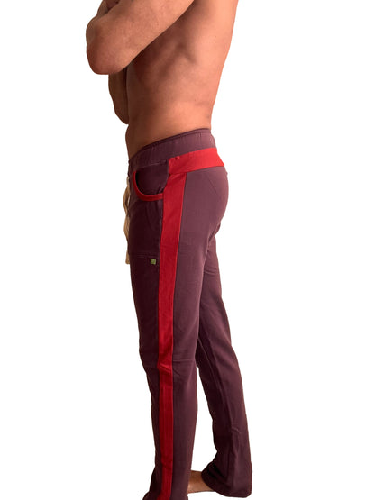 Winter collection mid-weight luxury-fleece track and lounge sweat pant in burgundy with red satin side stripe
