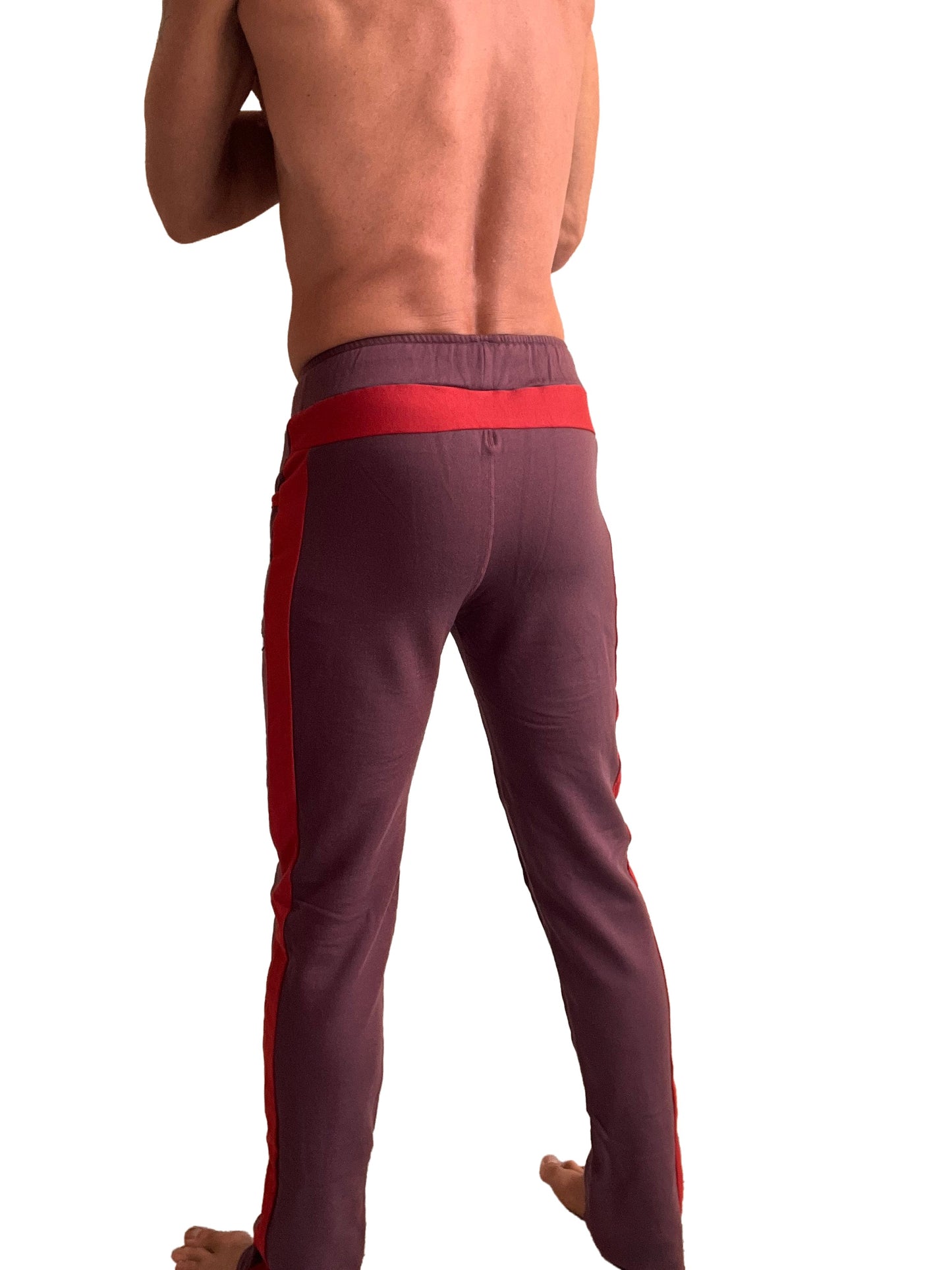 Maroon mid-weight luxury fleece track pants with red side stripes and waistband from winter collection