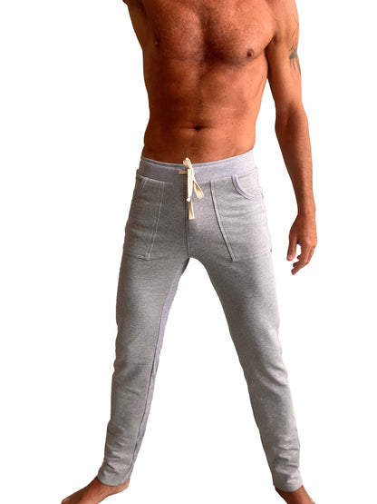 Gray heathered mid-weight luxury-fleece jogger pants with drawstring waist and front pockets from winter collection