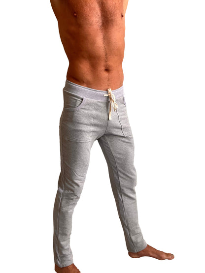 Gray heathered mid-weight luxury fleece jogger pants with drawstring waist and side pockets from winter collection