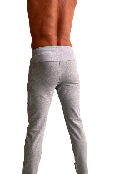Gray heathered mid-weight luxury-fleece jogger pants with ribbed waistband from winter collection for track and lounge