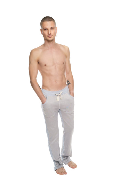 Light gray mid-weight fleece jogger pants with drawstring waist and rolled cuffs from winter collection
