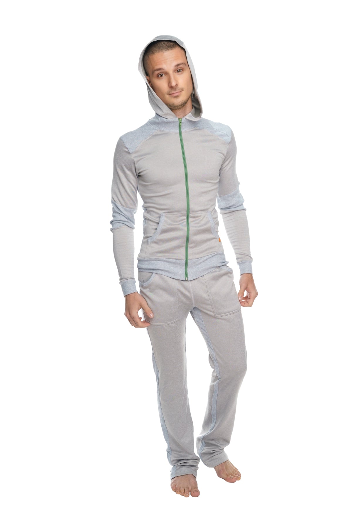 Light gray mid-weight fleece hooded zip-up tracksuit with green zipper accent for winter collection lounge wear