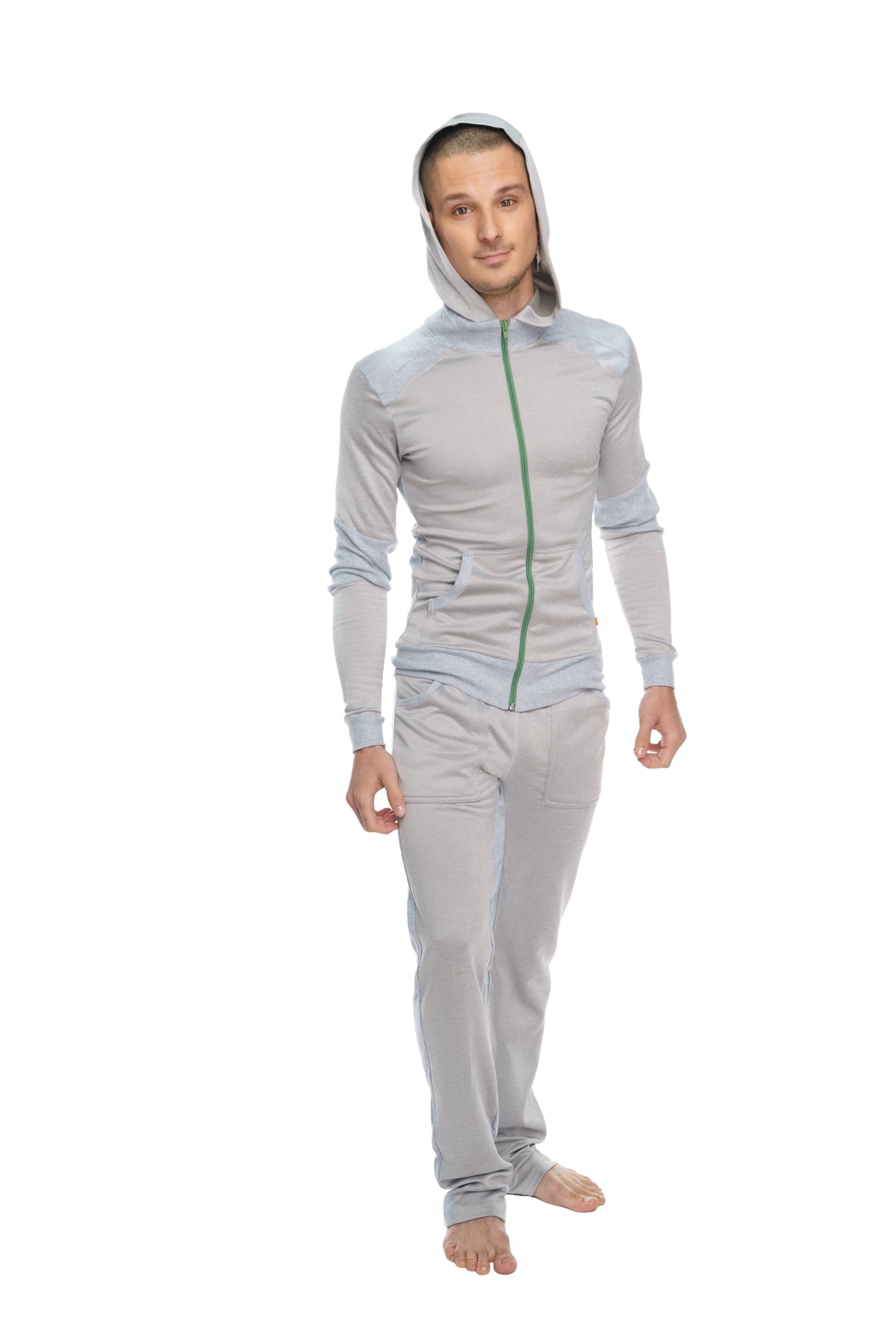 Light gray hooded zip-up tracksuit with green zipper and subtle seams from winter collection mid-weight fleece lounge pant