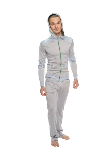 Light gray hooded zip-up tracksuit with green zipper and subtle seams from winter collection mid-weight fleece lounge pant