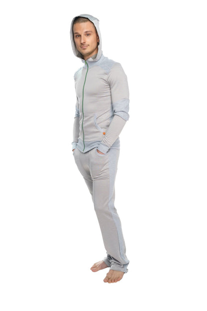Light gray stainless steel grey mid-weight fleece hooded zip-up tracksuit with green zipper trim and matching pants