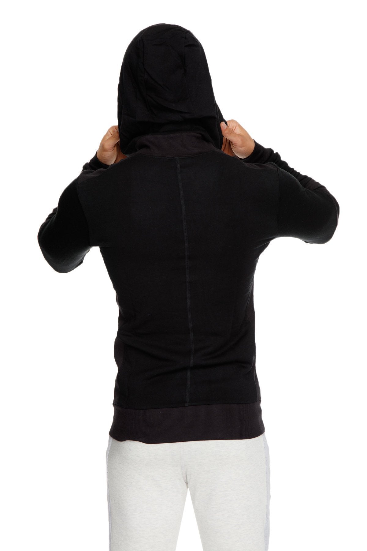 Back view of black mid-weight luxury-fleece hoodie with central seam ribbed cuffs and hem for yoga and track use