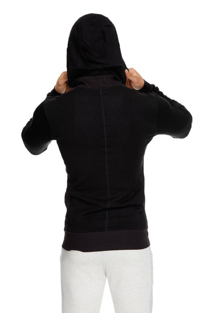 Back view of black mid-weight luxury-fleece hoodie with central seam ribbed cuffs and hem for yoga and track use