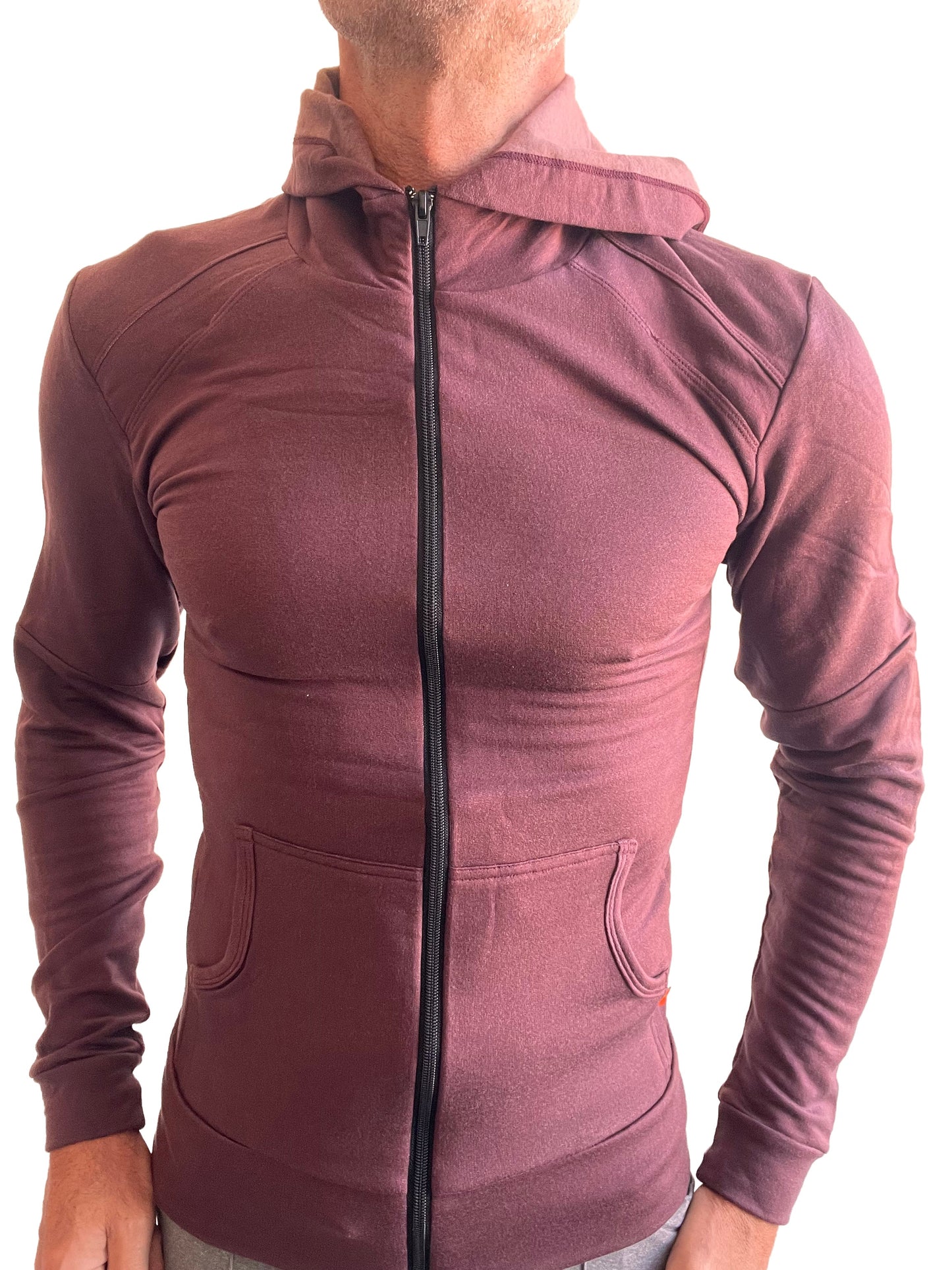 A maroon mid-weight luxury-fleece form-fit yoga track hoodie with a black zipper from the winter collection