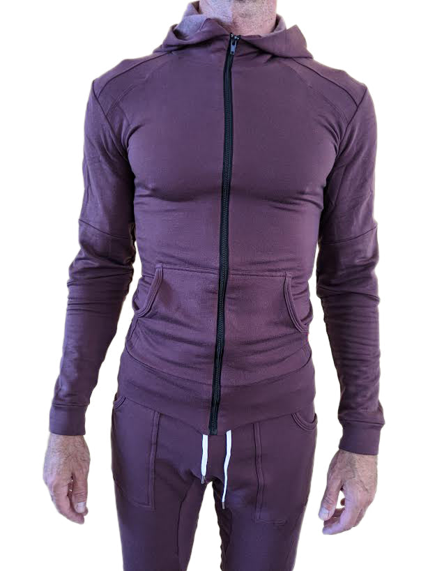 Purple zip-up hoodie with matching pants mid-weight luxury fleece form-fit crossover yoga track set with contrast stitching