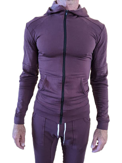 Purple zip-up hoodie with matching pants mid-weight luxury fleece form-fit crossover yoga track set with contrast stitching