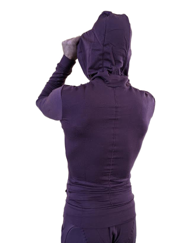 Purple hooded athletic top with long sleeves mid-weight luxury fleece fabric designed for form-fit crossover yoga tracks