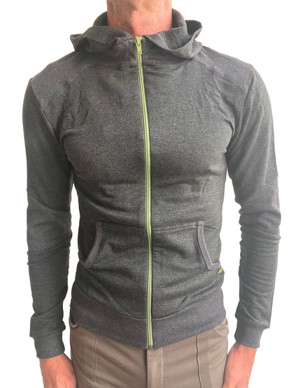 Charcoal mid-weight luxury-fleece zip-up hoodie with neon green zipper and front pockets for yoga and track use