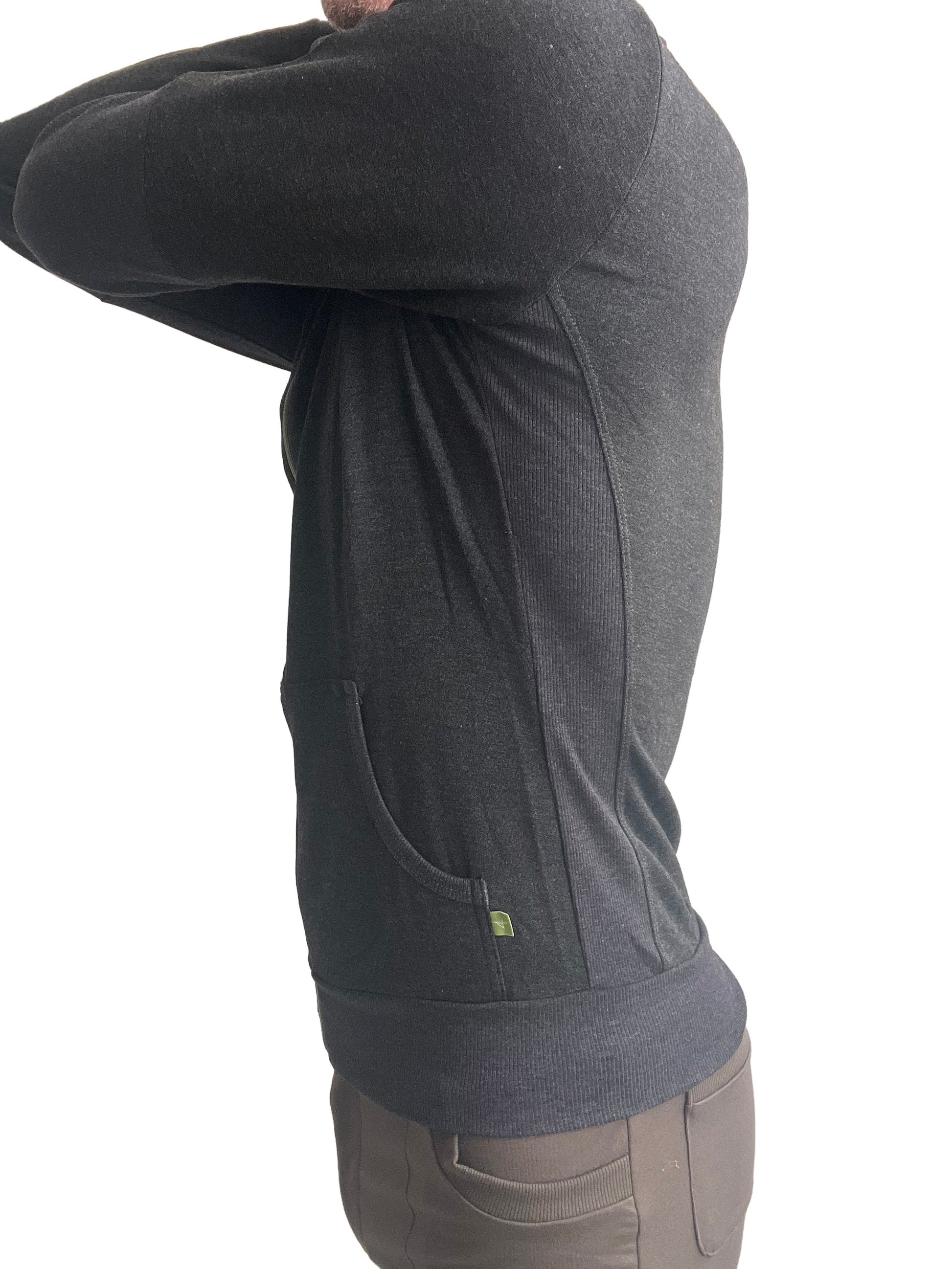 Dark gray mid-weight luxury fleece long-sleeved pullover with ribbed cuffs and hem for winter activewear