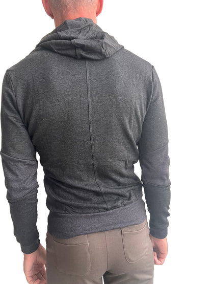 Dark gray heathered mid-weight luxury-fleece form-fit crossover yoga track hoodie with ribbed hem and cuffs