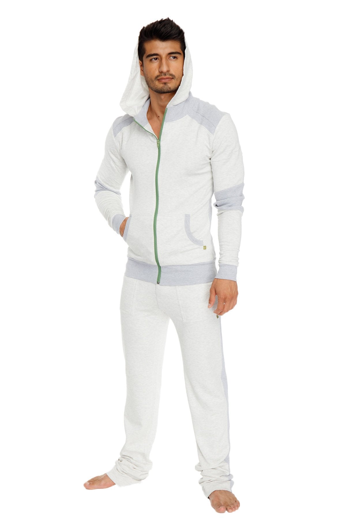 Light grey and white mid-weight luxury-fleece hoodie with green zipper trim for yoga and casual wear