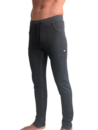 Dark gray mid-weight luxury fleece jogger pants with drawstring waist and side pockets for winter collection