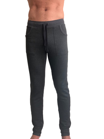 Dark gray mid-weight luxury fleece jogger pants with drawstring waistband and two front pockets for winter lounging