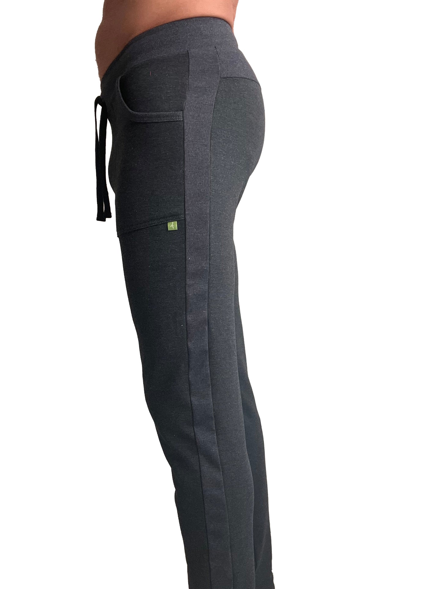 Charcoal mid-weight luxury-fleece track and lounge sweat pant with ribbed waistband side seam details and green logo patch